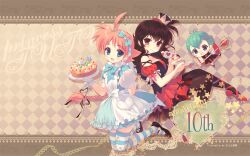  3girls :d ahiru_(princess_tutu) ahoge alice_in_wonderland anniversary apron argyle_background artist_name bad_id bad_pixiv_id bare_shoulders blue_eyes blush braid brown_hair cake copyright_name cup dress english_text fairy fishnet_pantyhose fishnets flying food green_hair heart highres holding kneeling long_hair looking_at_viewer multiple_girls nail_polish open_mouth pantyhose princess_tutu red_eyes rue_(princess_tutu) santa_matsuri saucer short_hair single_braid sitting smile staff striped_clothes striped_thighhighs teapot thighhighs tutu uzura_(princess_tutu) 