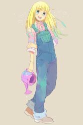  blonde_hair blue_eyes bokujou_monogatari boots claire_(bokujou_monogatari) commentary_request denim female full_body irumineko long_hair open_mouth overalls smile solo watering_can 