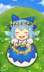  ahoge blue_bow blue_dress blue_hair blue_sky blush bow cirno closed_eyes cloud commentary_request day dress father_and_daughter female flower grass hair_ornament hairbow head_wreath himaya open_mouth outdoors outstretched_arms photoshop_(medium) pov shirt short_hair short_sleeves sky smile solo touhou translated wings 