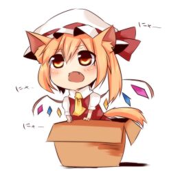  animal_ears ascot blonde_hair blush box cardboard_box cat_ears cat_tail chibi commentary_request female flandre_scarlet for_adoption hat hat_ribbon in_box in_container kemonomimi_mode oerba_yun_fang open_mouth red_eyes ribbon shirt short_hair side_ponytail simple_background skirt skirt_set solo tail tosura-ayato touhou translated wings 