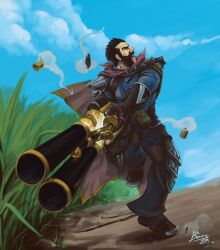  1boy armor bad_id bad_pixiv_id beard benoit boots brown_hair cape cloud commentary_request day facial_hair grass graves_(league_of_legends) gun league_of_legends leg_armor male_focus moustache photoshop_(medium) shell_casing shotgun shotgun_shell signature smoke solo weapon 