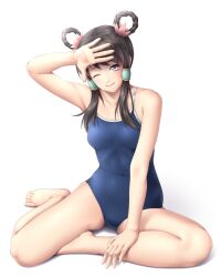  alternate_costume bad_id bad_pixiv_id bare_shoulders barefoot black_hair blush braid brown_hair female full_body hair_ornament hair_tubes long_hair looking_at_viewer mochi.f one-piece_swimsuit one_eye_closed ringlets shading_eyes simple_background sitting smile solo soulcalibur swimsuit toes white_background yan_leixia yokozuwari 