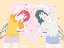  2girls :d ^_^ blush casual character_name closed_eyes commentary_request confetti green_hair grin hair_ornament heart heart_arms heart_arms_duo highres hino_akane_(smile_precure!) holding_hands interlocked_fingers midorikawa_nao multiple_girls open_mouth orange_shirt precure red_hair shirt short_hair shorts skirt smile smile_precure thighhighs unpale white_legwear 