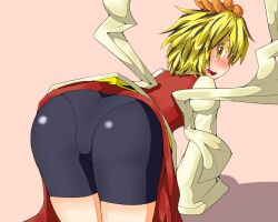  ass bad_id bad_pixiv_id bike_shorts black_hair blonde_hair blush female long_sleeves looking_back mashio multicolored_hair open_mouth pantylines shawl short_hair solo toramaru_shou touhou two-tone_hair wide_sleeves yellow_eyes 