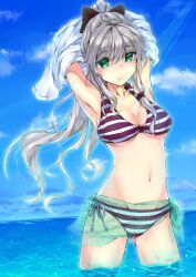  aqua_sarong armpits arms_up bikini blush bow breasts cleavage commentary_request day female green_eyes grey_hair groin hairbow large_breasts long_hair looking_at_viewer modose_ruruki navel original outdoors ponytail print_sarong sarong see-through see-through_sarong smile solo striped_bikini striped_clothes swimsuit underboob wading 