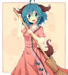  ahoge animal_ears aqua_eyes aqua_hair bad_id bad_pixiv_id bamboo_broom blush broom dress female fuuen_(akagaminanoka) heart kasodani_kyouko open_mouth short_hair solo tail touhou 