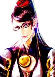  bad_id bad_pixiv_id bayonetta bayonetta_(series) bayonetta_1 black-framed_eyewear black_hair blue_eyes bodysuit chain-link_fence chains cleavage_cutout clothing_cutout earrings eyeshadow female fence glasses hair_ribbon heart jewelry lipstick looking_at_viewer looking_back makeup mole mole_under_mouth red_ribbon ribbon seitsuji simple_background smile solo upper_body 