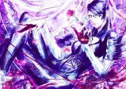  bad_id bad_pixiv_id bayonetta bayonetta_(series) bayonetta_1 black-framed_eyewear black_hair blue_eyes bodysuit breasts cleavage cleavage_cutout clothing_cutout female flower glasses gloves hair_ribbon heart long_hair medium_breasts mole mole_under_mouth petals red_ribbon ribbon rose seitsuji smile solo 