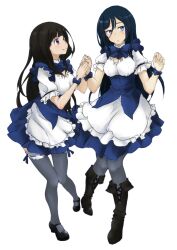  2girls alternate_costume apron black_hair blue_eyes blue_hair blue_legwear boots chitanda_eru commentary_request dress enmaided full_body hand_grab highres holding_hands hyouka irisu_fuyumi long_hair maid mary_janes multiple_girls open_mouth purple_eyes ribbon shoes simple_background smile thighhighs tomonori1201 white_background 