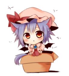  :&lt; animal_ears ascot bat_wings blue_hair blush box brooch cardboard_box cat_ears cat_tail chibi commentary_request dress female for_adoption hat hat_ribbon in_box in_container jewelry looking_at_viewer pink_dress red_eyes remilia_scarlet ribbon short_hair simple_background solo tail tosura-ayato touhou translated uu~ white_background wings 