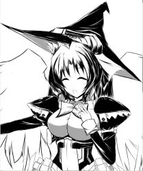  angel bodysuit breasts closed_eyes female female horn kyoukai_senjou_no_horizon kyoukaisenjou_no_horizon margot_knight monochrome solo wings 