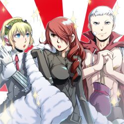  1boy 2girls aegis_(persona) android bandaid blonde_hair blue_eyes boxing_gloves brown_eyes cape commentary_request cracking_knuckles dress_shirt formal grey_eyes hair_over_one_eye headphones kirijou_mitsuru long_hair md5_mismatch multiple_girls necktie persona persona_3 persona_4:_the_ultimate_in_mayonaka_arena photoshop_(medium) red_hair sanada_akihiko scar shirt short_hair sparkle suit sunburst sunburst_background tokiwa_(mukoku) white_hair 