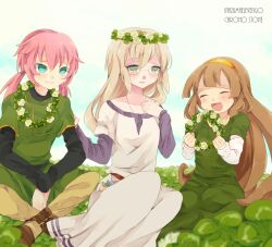  1boy 2girls blonde_hair blue_eyes brown_hair closed_eyes clover clover_(flower) commentary_request dress flower glasses grass green_eyes hairband head_wreath inazuma_eleven_(series) inazuma_eleven_go inazuma_eleven_go_chrono_stone jeanne_d&#039;arc_(inazuma_eleven) kirino_ranmaru long_hair multiple_girls nanobana_kinako orange_hairband pink_hair shirota69 sitting tunic twintails 