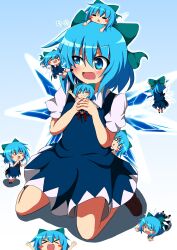  &gt;_&lt; 6+girls :&lt; arms_up blue_eyes blue_hair blue_skirt blush blush_stickers bow chibi chibi_on_head cirno cirno_day closed_eyes commentary_request do_(4-rt) drooling flying hairbow highres kicking lying mini_person minigirl multiple_girls o_o oerba_yun_fang on_head on_stomach open_mouth short_hair sitting skirt smile standing touhou wariza wings 