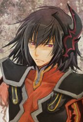  1boy armor black_hair coat gaias gaius_(tales) grey_background hair_ornament red_eyes short_hair tales_of_(series) tales_of_xillia 