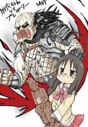  alien bad_id bad_pixiv_id bifurcated_jaw blush brown_eyes brown_hair crossover female glasses hankafumisage hankashii long_hair maitreya minakami_mai nichijou predator_(1987) predator_(character) predator_(series) school_uniform skirt skull statue tokisadame_school_uniform zubatto_(makoto) 