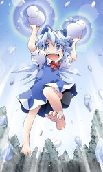  :d bare_legs barefoot blue_bow blue_eyes blue_hair bow cirno commentary_request dual_wielding feet female forest hairbow ham_(points) holding ice jumping looking_at_viewer nature open_mouth short_hair smile snow snowman soles solo teeth toes touhou tree wings 