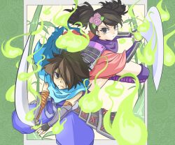  1boy armor bad_id bad_pixiv_id bamboo brown_eyes brown_hair female flower hair_ornament holding holding_sword holding_weapon kisuke leaf looking_at_viewer momohime oboro_muramasa spirit sunatoshi sword twintails two-handed weapon 