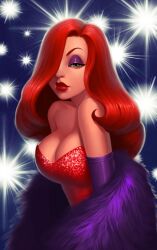  breasts cleavage commentary_request daniela_uhlig dress elbow_gloves eyeshadow female gloves green_eyes hair_over_one_eye jessica_rabbit large_breasts lips lipstick long_hair makeup purple_gloves red_dress red_hair solo who_framed_roger_rabbit 