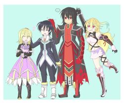  2boys 2girls ahoge armor bare_shoulders black_hair blonde_hair blue_background boots breasts choker closed_eyes coat dress elbow_gloves elise_lutus elize_lutus flower frills gaias gaius_(tales) gloves hair_ornament highres jude_mathis midriff milla_maxwell multicolored_hair multiple_boys multiple_girls navel open_mouth pants red_eyes ribbon short_hair skirt tales_of_(series) tales_of_xillia teepo_(tales) tipo_(xillia) 