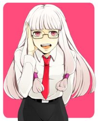  adjusting_glasses agria agria_(tales) alternate_costume belt female freckles glasses long_hair low-tied_long_hair lowres necktie open_mouth pants pink_background pink_eyes tales_of_(series) tales_of_xillia white_hair 