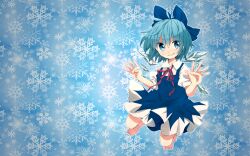  blue_eyes blue_hair bow cirno dress henki_(orange) photoshop short_hair snow touhou wings 