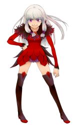  agria agria_(tales) boots breasts dress female freckles fur grey_hair long_hair low-tied_long_hair purple_eyes smile tales_of_(series) tales_of_xillia thigh_boots thighhighs 