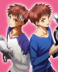  2boys bandages brown_hair chains colored_skin commentary_request cuffs dark-skinned_male dark_skin dual_persona emiya_shirou emiya_shirou_(prisma_illya) fate/kaleid_liner_prisma_illya fate_(series) frying_pan grey_eyes heterochromia ladle male_focus multicolored_hair multicolored_skin multiple_boys open_mouth raglan_sleeves setta_(tokinon) shackles smile streaked_hair torn_clothes two-tone_skin yellow_eyes 