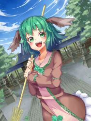  animal_ears bamboo_broom blush broom commentary_request dress female ginko_(nico) green_eyes green_hair kasodani_kyouko oerba_yun_fang open_mouth outdoors short_hair solo touhou upper_body 