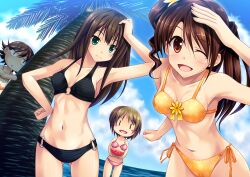  4girls bikini blush blush_stickers breasts brown_eyes brown_hair cf-x_(oceanus_com) commentary_request green_eyes honda_mio idolmaster idolmaster_cinderella_girls long_hair medium_breasts mimura_kanako multiple_girls o-ring o-ring_bikini ocean one_eye_closed outdoors palm_tree photoshop_(medium) shibuya_rin shimamura_uzuki short_hair side-tie_bikini_bottom swimsuit tree 