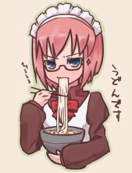  bad_id bad_pixiv_id bespectacled blue_eyes blush bow bowl bowtie chopsticks eating female food glasses green_outline hisui_(tsukihime) long_sleeves looking_at_viewer maid maid_headdress megurimu noodles outline red_bow red_bowtie red_hair semi-rimless_eyewear short_hair sparkle translated tsukihime udon under-rim_eyewear upper_body 