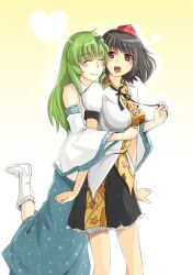  2girls ^_^ bad_id bad_pixiv_id black_hair blush breasts cibo_(killy) closed_eyes detached_sleeves frog_hair_ornament green_hair hair_ornament hair_tubes hat heart hug hug_from_behind kochiya_sanae large_breasts leaf_print leg_up long_hair long_skirt multiple_girls open_mouth red_eyes shameimaru_aya short_hair skirt smile snake_hair_ornament tokin_hat touhou untying yuri 