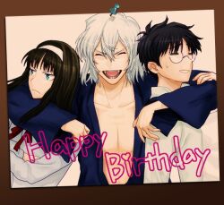  2boys black_hair blue_eyes brother_and_sister closed_eyes commentary_request family fangs female glasses hand_on_shoulder happy_birthday headband hug japanese_clothes kuroi_nyan long_hair multiple_boys photo_(object) short_hair siblings smile sweatdrop tohno_akiha tohno_shiki tohno_shiki_(2) tsukihime white_hair 