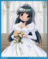  absurdres artist_request bell blush bouquet breasts cleavage dress female flower green_eyes green_hair half_updo hidamari_sketch highres long_hair looking_at_viewer medium_breasts official_art rose scan smile tiara veil wedding_dress yellow_flower yellow_rose yoshinoya_(hidamari_sketch) 