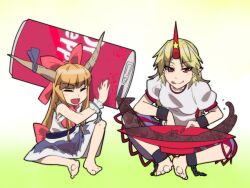  2girls :d barefoot blonde_hair bow chains closed_eyes commentary_request cuffs cup dr_pepper hairbow highres horns hoshiguma_yuugi ibuki_suika jeno long_hair multiple_girls oerba_yun_fang open_mouth oversized_object photoshop_(medium) pointy_ears red_eyes sakazuki shackles single_horn sitting sleeveless smile star_(symbol) tongue touhou wrist_cuffs 