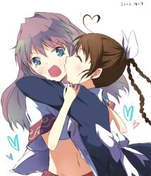  2girls arika_yumemiya blue_eyes blush bow braid brown_hair commentary_request crop_top flustered hairbow heart kissing kissing_cheek long_hair maromi_(am97) mashiro_blan_de_windbloom meister_otome_uniform multiple_girls my-otome navel purple_hair yuri 