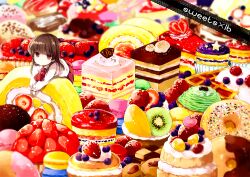  almond bad_id bad_pixiv_id blueberry blurry brown_hair cake character_name checkerboard_cookie cookie cupcake depth_of_field doughnut english_text feast female food food_focus fruit fruit_tart heart ib_(ib) ib_(kouri) in_food kiwi_(fruit) long_hair lying macaron mini_person minigirl mont_blanc_(food) naan orange_(fruit) oversized_food oversized_object red_eyes red_skirt shirt skirt solo sprinkles star_(symbol) strawberry strawberry_shortcake swiss_roll tart_(food) tiramisu too_much_food waffle white_shirt wide_shot 