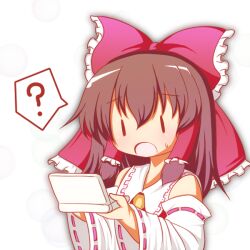  ? bad_id bad_pixiv_id bow brown_hair detached_sleeves female hair_tubes hairbow hakurei_reimu handheld_game_console long_hair nintendo_ds open_mouth red_bow shimazaki_nekuro solo sweatdrop touhou white_background 