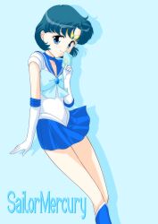  bishoujo_senshi_sailor_moon blue_eyes blue_hair boots bow character_name choker commentary_request earrings english_text female gloves highres jewelry magical_girl mercury_symbol mizuno_ami pleated_skirt sailor_collar sailor_mercury sailor_senshi_uniform seegeeq short_hair simple_background skirt smile solo tiara 