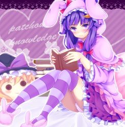  animal_ears book character_name commentary_request crescent diagonal_stripes fake_animal_ears female hat holding holding_book hood kirisame_marisa long_hair looking_at_viewer open_book panties patchouli_knowledge photoshop_(medium) purple_eyes purple_hair rabbit_ears satomachi sitting solid_circle_eyes solo striped_clothes striped_thighhighs thighhighs touhou underwear witch_hat yukkuri_shiteitte_ne 