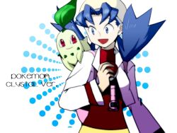  acyamo blue_eyes blue_hair chikorita commentary_request copyright_name english_text engrish_text female hat holding holding_poke_ball kris_(pokemon) leaf open_mouth poke_ball poke_ball_(basic) pokemon pokemon_(creature) pokemon_gsc ranguage red_eyes twintails 