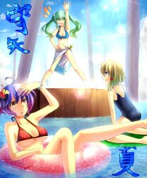  3girls absurdres aqua_eyes arm_up bad_id bad_pixiv_id bikini blonde_hair blue_hair breasts cleavage frog_hair_ornament green_eyes green_hair hair_ornament hand_on_own_hip highres innertube kochiya_sanae kuga_huna large_breasts leaf leaf_on_head lily_pad long_hair medium_breasts moriya_suwako multiple_girls no_headwear one-piece_swimsuit open_mouth print_sarong red_eyes sarong short_hair smile swim_ring swimsuit touhou translated twintails underboob water white_sarong yasaka_kanako 