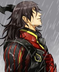  1boy armor black_eyes black_hair coat gaias gaius_(tales) gloves grey_background hair_ornament rain tales_of_(series) tales_of_xillia water 