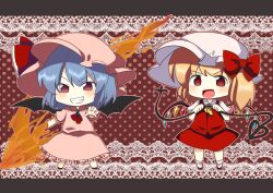  2girls ascot bat_wings blonde_hair blue_hair chibi commentary_request flandre_scarlet grin hat hat_ribbon highres italia317 laevatein_(touhou) letterboxed multiple_girls oerba_yun_fang open_mouth red_eyes remilia_scarlet ribbon siblings sisters smile spear_the_gungnir touhou wings 