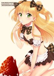  apron bad_id bad_pixiv_id blonde_hair blush bow bowtie breasts character_name cleavage copyright_name eating eyelashes female food food_on_face fruit green_eyes hairbow icing idolmaster idolmaster_cinderella_girls jougasaki_rika long_hair looking_at_viewer medium_breasts oversized_object plaid plaid_bow plaid_bowtie pu_uq simple_background sitting skirt solo strawberry two_side_up waist_apron wariza white_background 