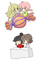  2boys 2girls abrame bad_id bad_pixiv_id black_hair blonde_hair brown_hair candy food glasses highres inazuma_eleven_(series) inazuma_eleven_go inazuma_eleven_go_chrono_stone japanese_clothes jeanne_d&#039;arc_(inazuma_eleven) kimono kirino_ranmaru multiple_boys multiple_girls okatsu_(inazuma_eleven) pink_hair shindou_takuto smile tofu twintails 