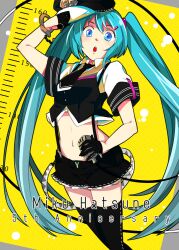  39 aqua_eyes aqua_hair bad_id bad_pixiv_id character_name female gloves hat hatsune_miku long_hair midriff navel necktie open_mouth solo suspenders thighhighs tomann twintails very_long_hair vocaloid 