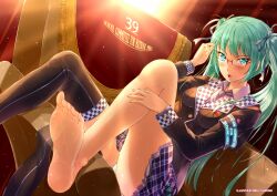  39 :o adjusting_eyewear alternate_costume aqua_eyes aqua_hair barefoot bespectacled blush commentary_request feet female glasses hatsune_miku highres kazeno light_particles long_hair panties pantyshot single_thighhigh sitting skirt soles solo thighhighs twintails underwear very_long_hair vocaloid 