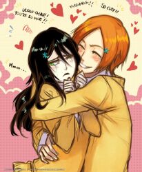  1boy arrancar black_hair bleach blush closed_eyes english espada facial_mark female green_eyes grin hair_between_eyes hair_ornament hairpin happy heart hug inoue_orihime long_hair orange_hair rule_63 rusky school_uniform short_hair shy smile ulquiorra_cifer white_skin wince 