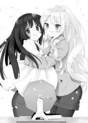  2girls :d blush confetti fashion greyscale jacket kani_biimu kirishima_shizuku long_hair monochrome multiple_girls official_art open_mouth pantyhose pantyhose_under_shorts photoshop_(medium) ponytail shitogi_eris shorts smile sono_hanabira_ni_kuchizuke_wo 